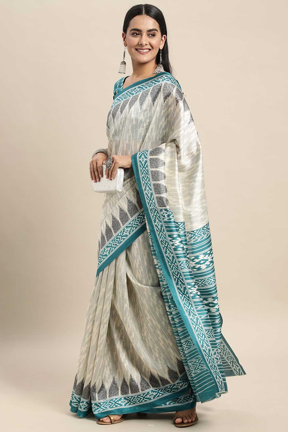 Buy Genna Multi-Color Silk Blend Ikat Printed One Minute Saree Online - Back
