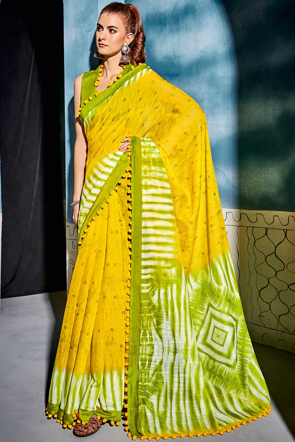 Buy Sula Cotton Blend Yellow & Green Embellished One Minute Saree Online - One Minute Saree