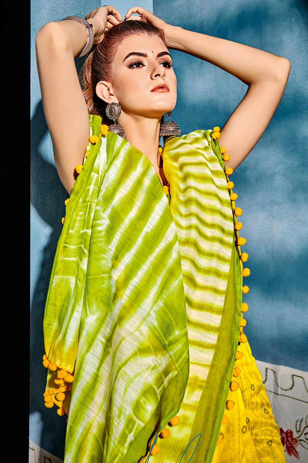 Shop Sula Cotton Blend Yellow & Green Embellished One Minute Saree at best offer at our  Store - One Minute Saree