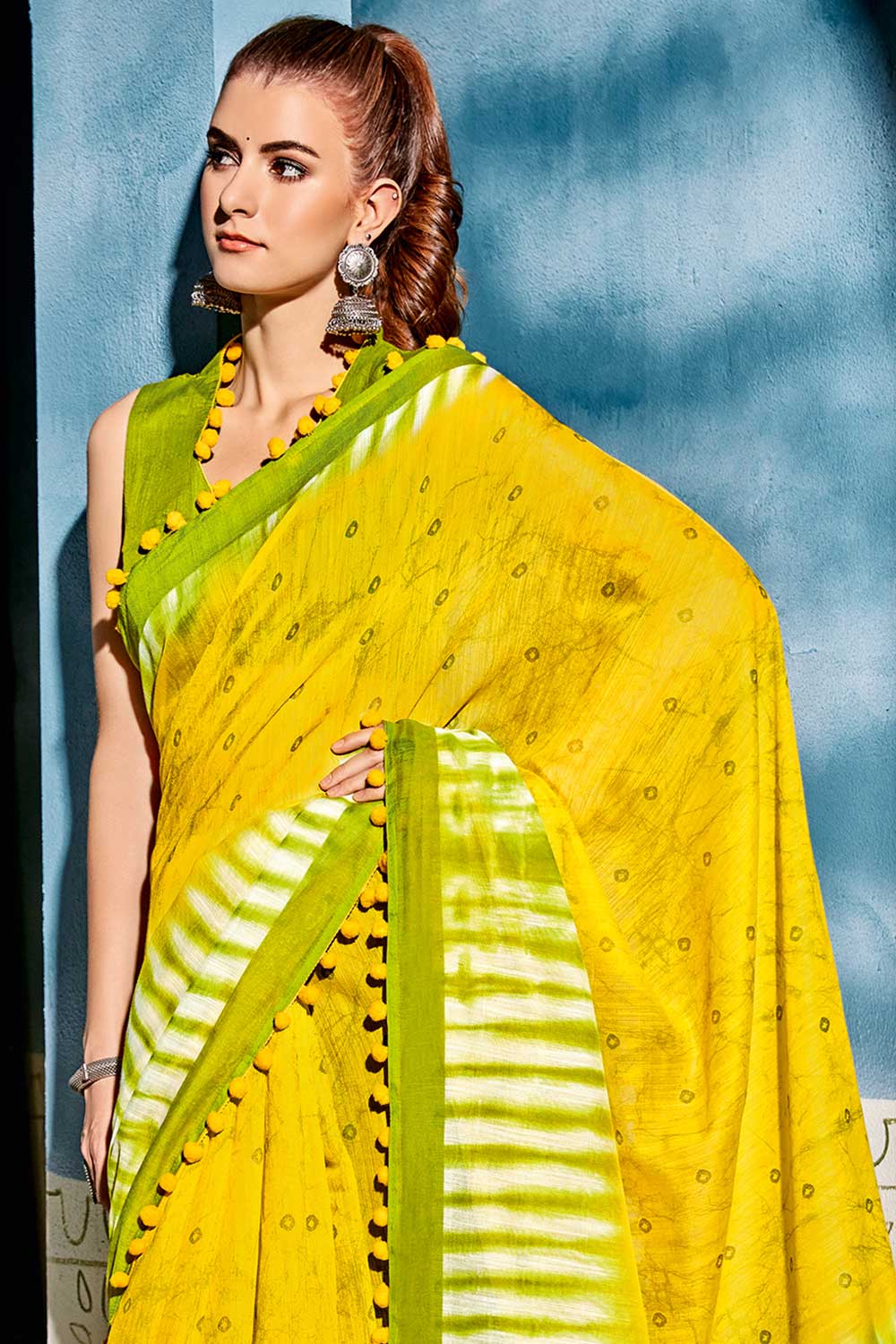 Buy Sula Cotton Blend Yellow & Green Embellished One Minute Saree Online