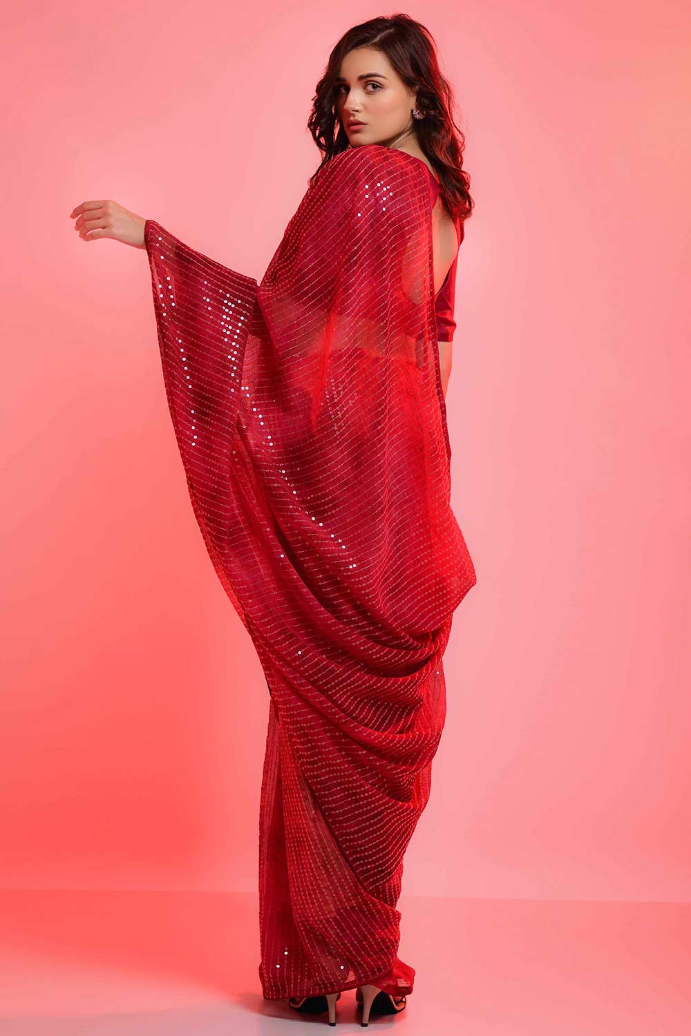 Riana Red Chiffon Tie-Dye Sequin One Minute Saree