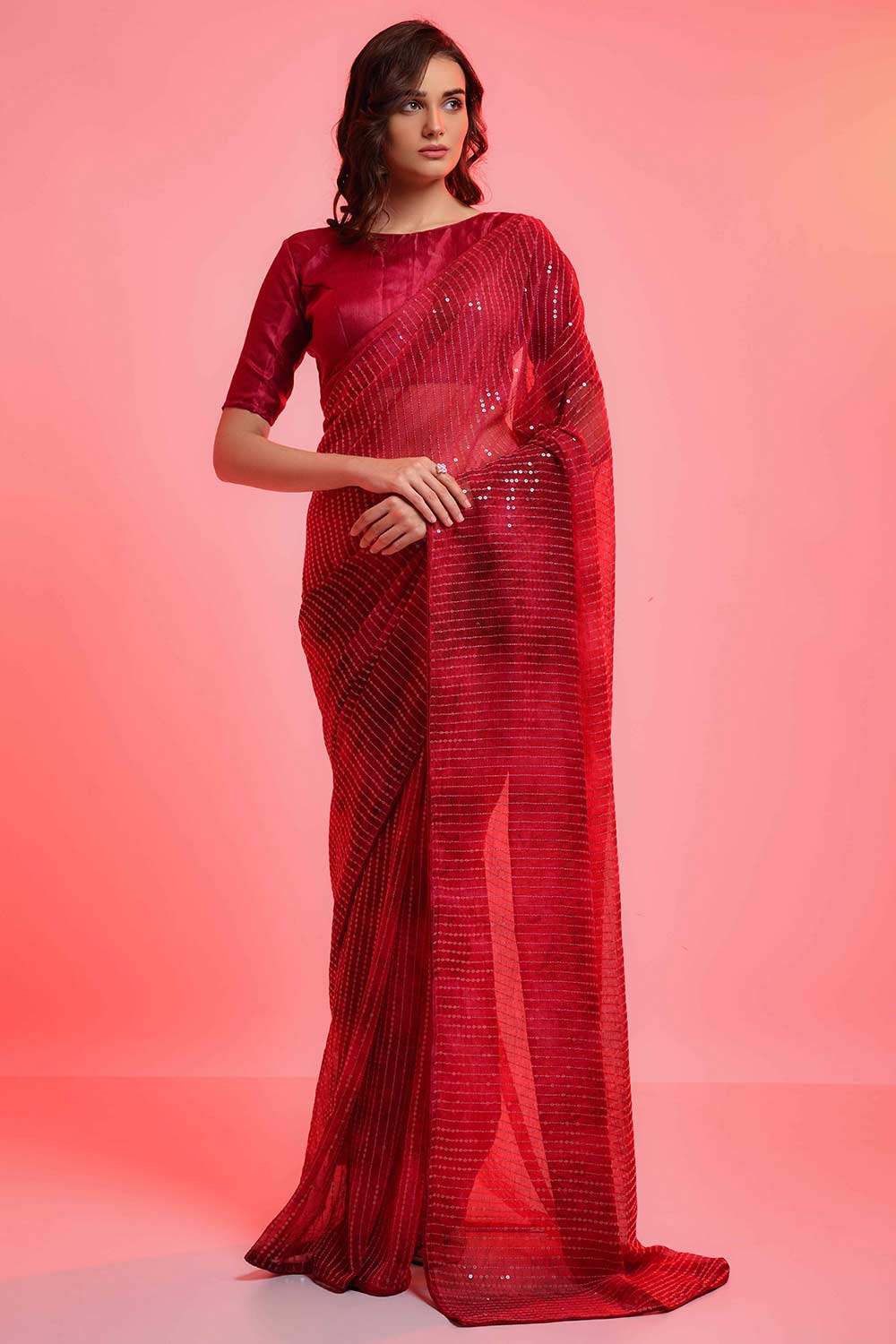 Buy Riana Red Chiffon Tie-Dye Sequin One Minute Saree Online - One Minute Saree