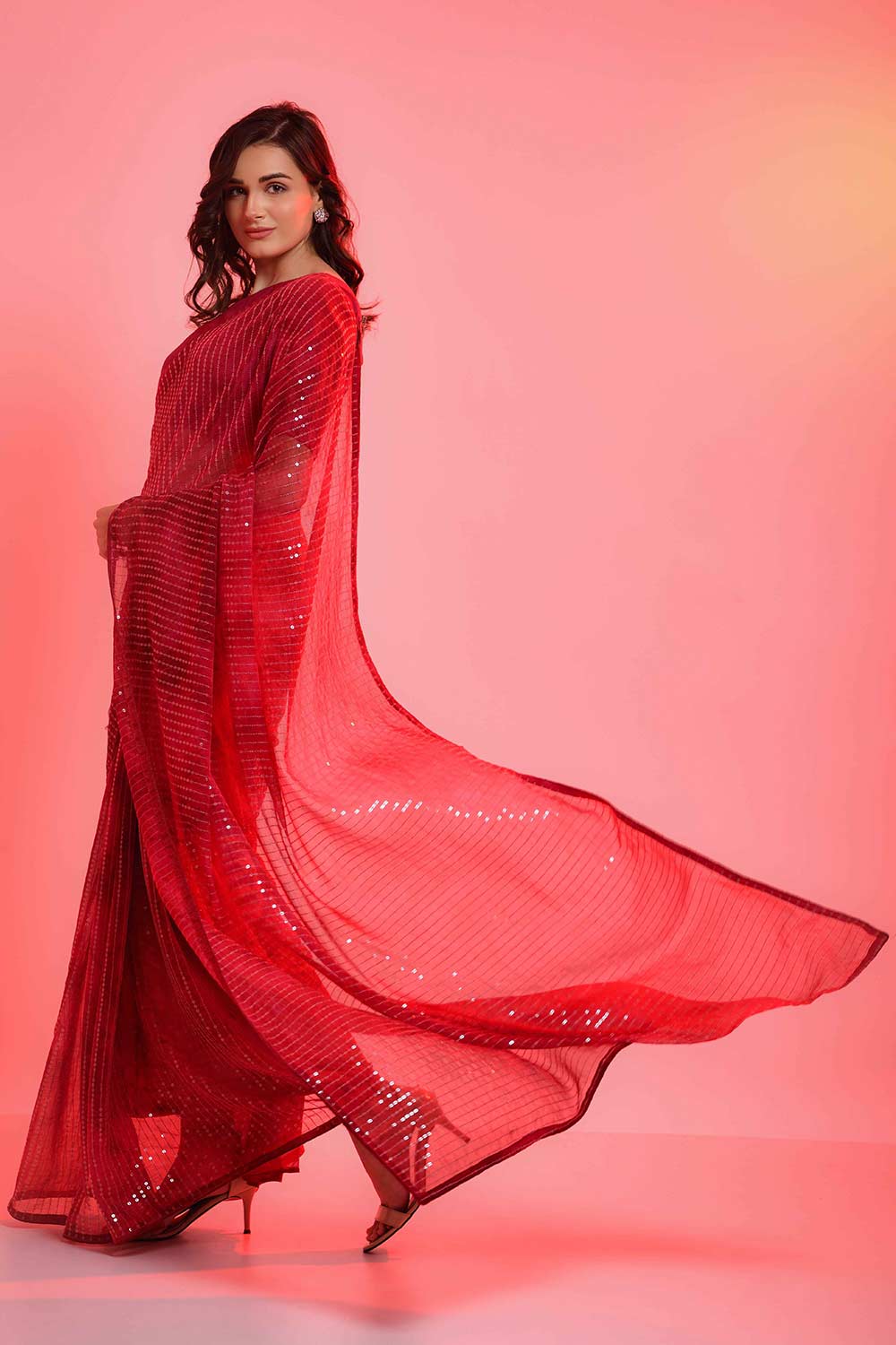 Buy Riana Red Chiffon Tie-Dye Sequin One Minute Saree Online