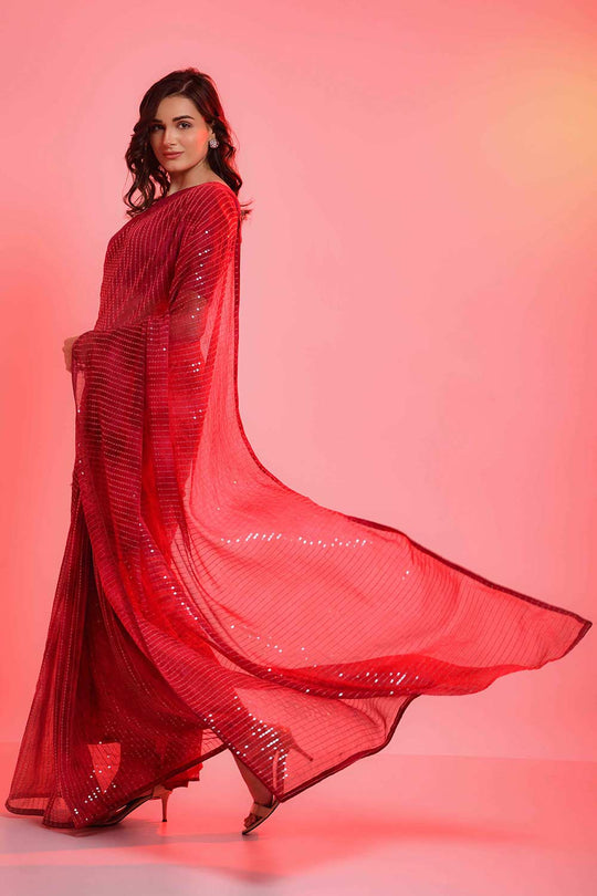 Buy Riana Red Chiffon Tie-Dye Sequin One Minute Saree Online