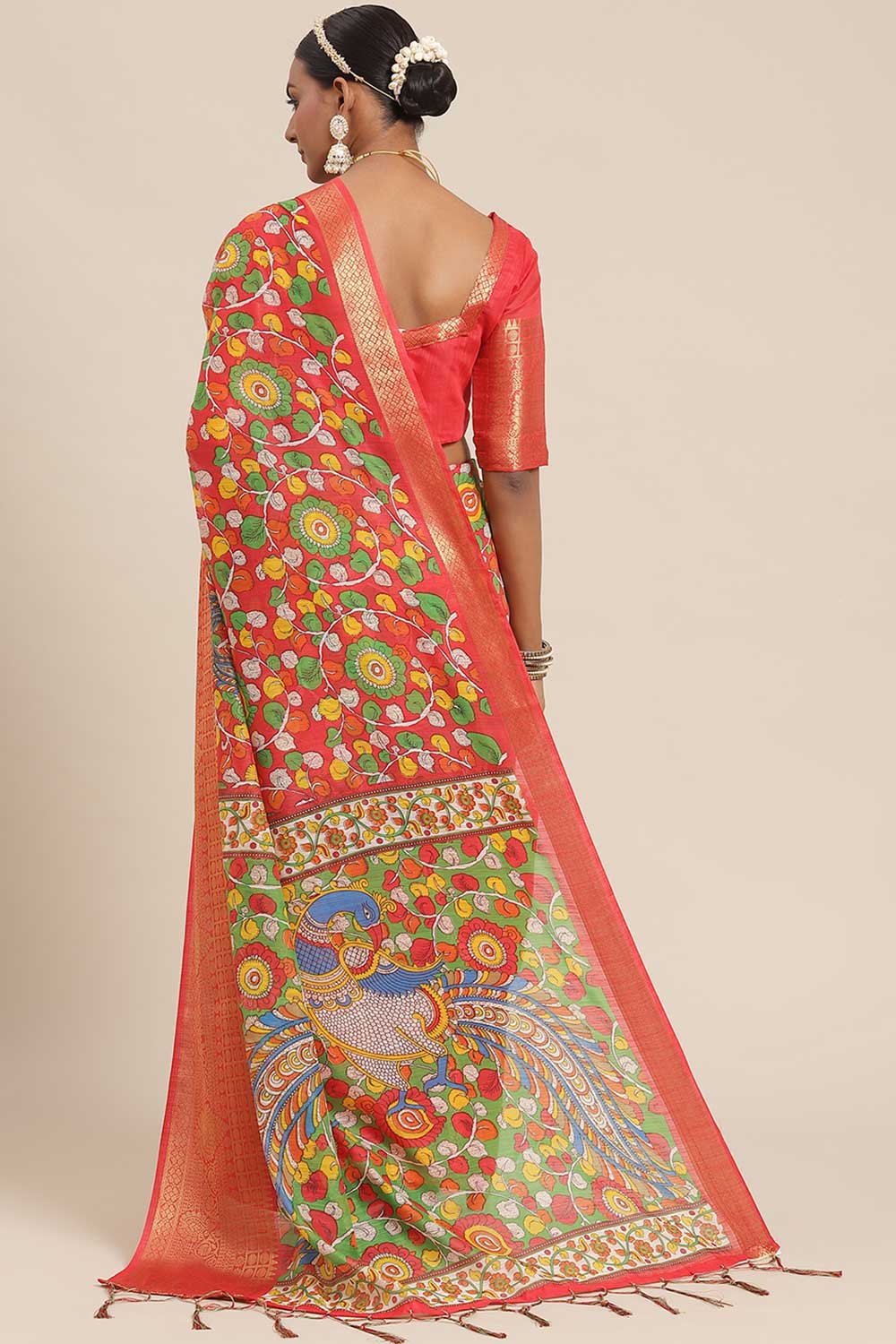 Shop Priya Red Kalamkari Blended Cotton One Minute Saree at best offer at our  Store - One Minute Saree