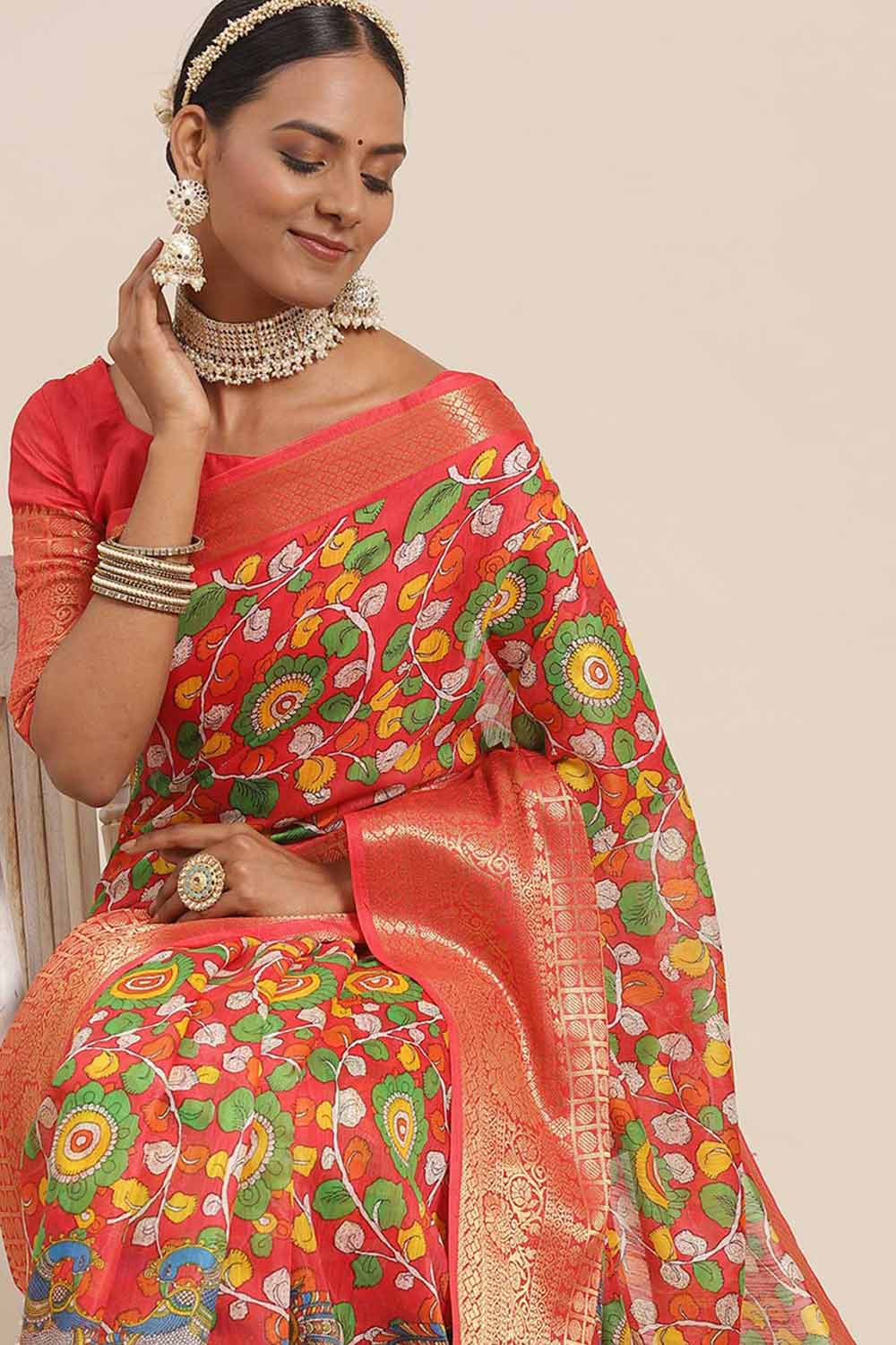 Buy Priya Red Kalamkari Blended Cotton One Minute Saree Online