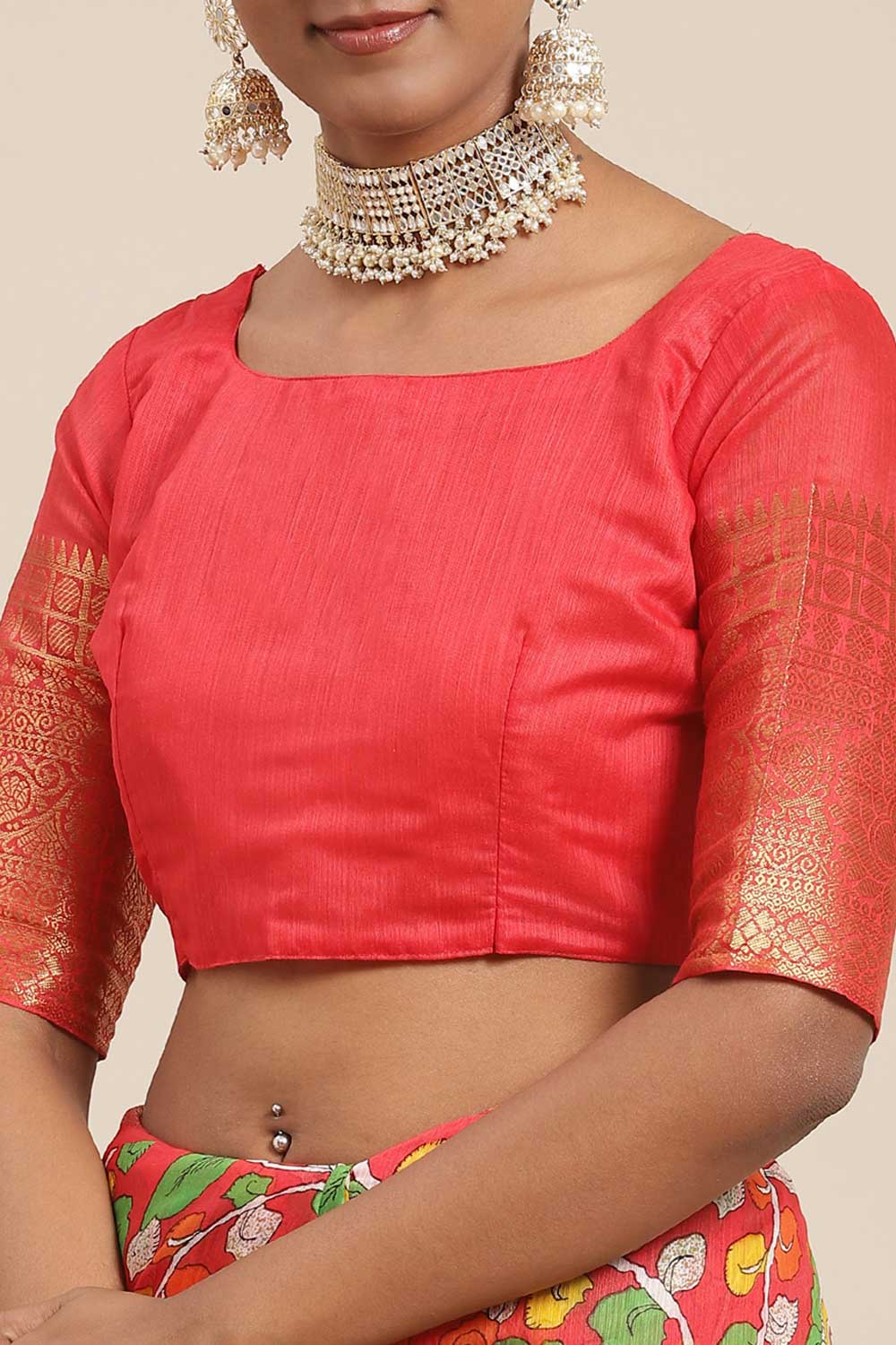 Buy Priya Red Kalamkari Blended Cotton One Minute Saree Online - Front