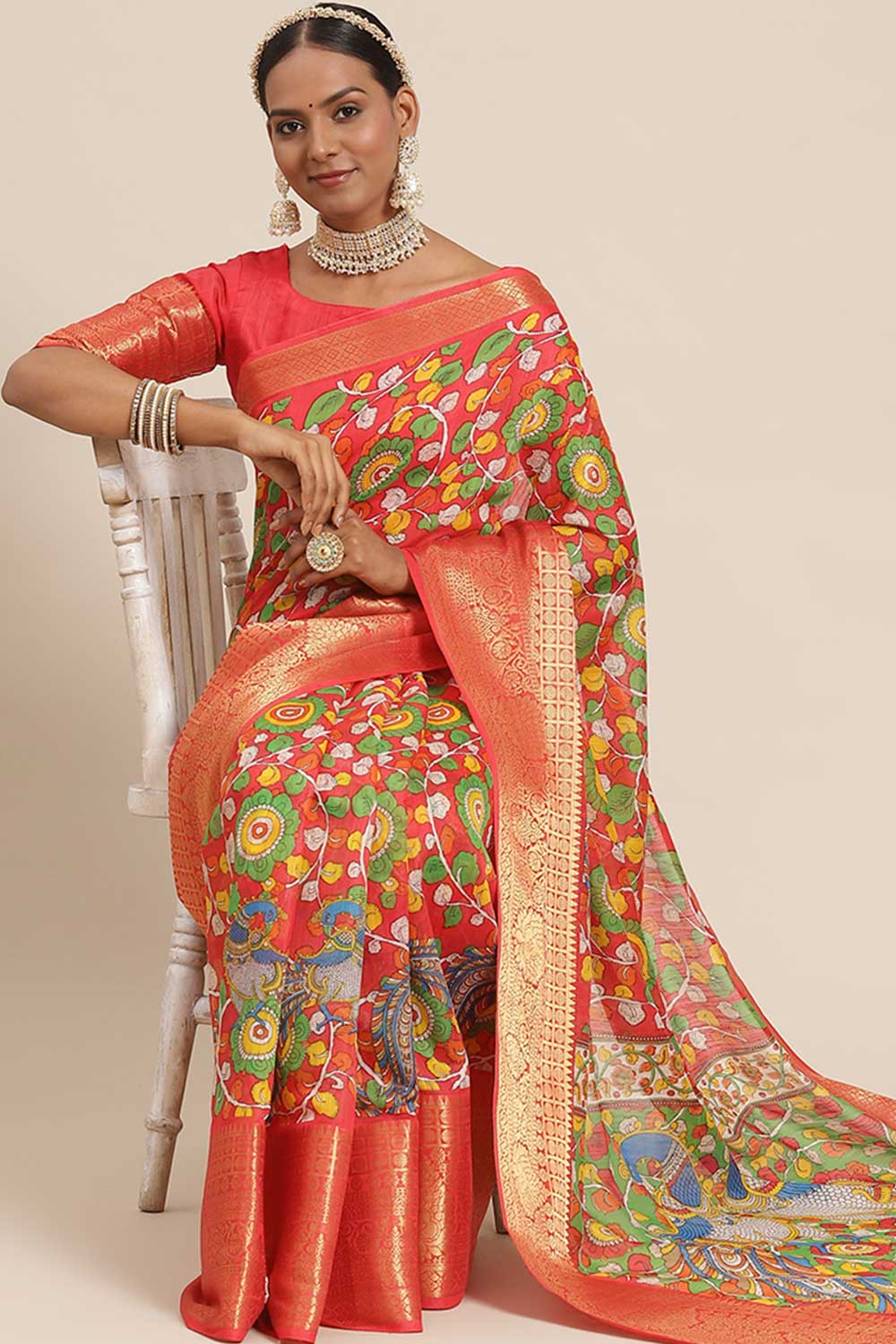 Buy Priya Red Kalamkari Blended Cotton One Minute Saree Online - One Minute Saree