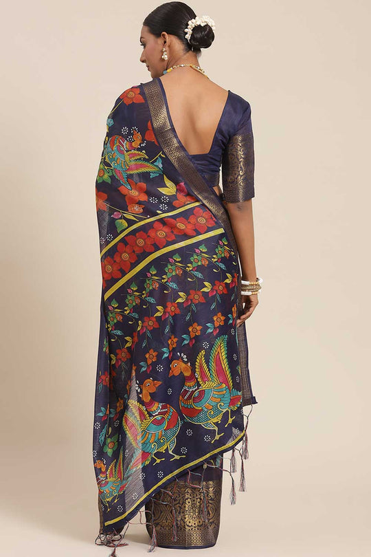 Shop Kiara Navy Blue Kalamkari Blended Cotton One Minute Saree at best offer at our  Store - One Minute Saree