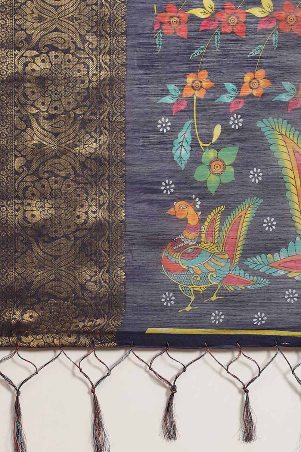Buy Kiara Navy Blue Kalamkari Blended Cotton One Minute Saree Online