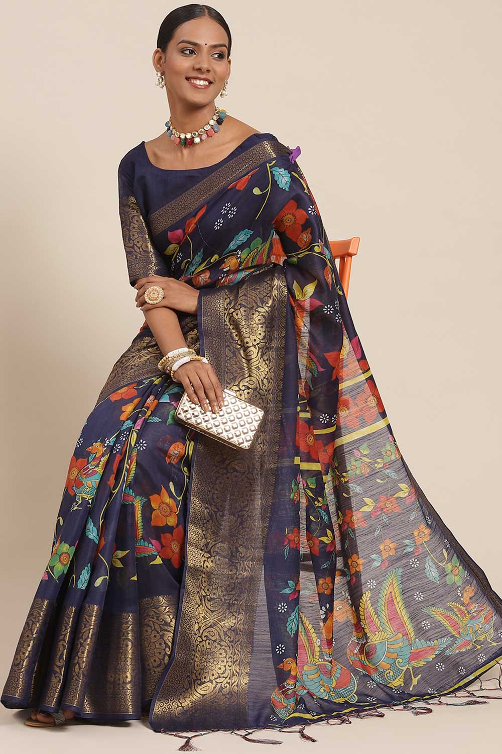 Buy Kiara Navy Blue Kalamkari Blended Cotton One Minute Saree Online - One Minute Saree