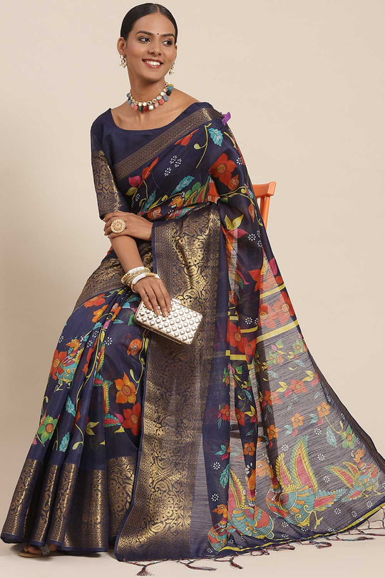 Buy Kiara Navy Blue Kalamkari Blended Cotton One Minute Saree Online - One Minute Saree