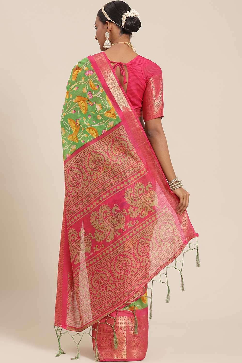 Shop Sola Green Kalamkari Blended Cotton One Minute Saree at best offer at our  Store - One Minute Saree