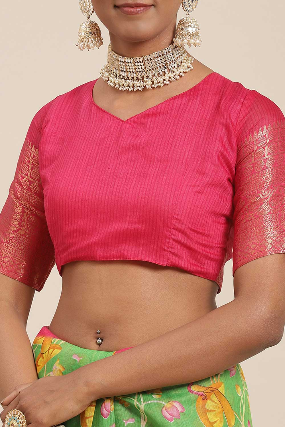 Buy Sola Green Kalamkari Blended Cotton One Minute Saree Online - Back