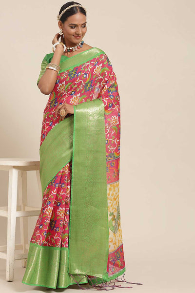 Buy Esha Pink Botanical Blended Cotton One Minute Saree Online - One Minute Saree