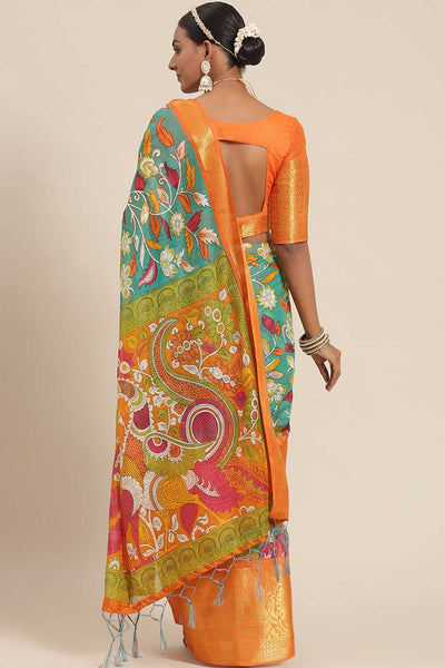 Shop Trupti Teal Botanical Blended Cotton One Minute Saree at best offer at our  Store - One Minute Saree