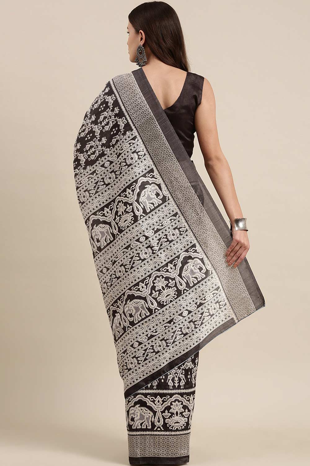 Seema Bhagalpuri Silk Charcoal Grey Printed Celebrity One Minute Saree