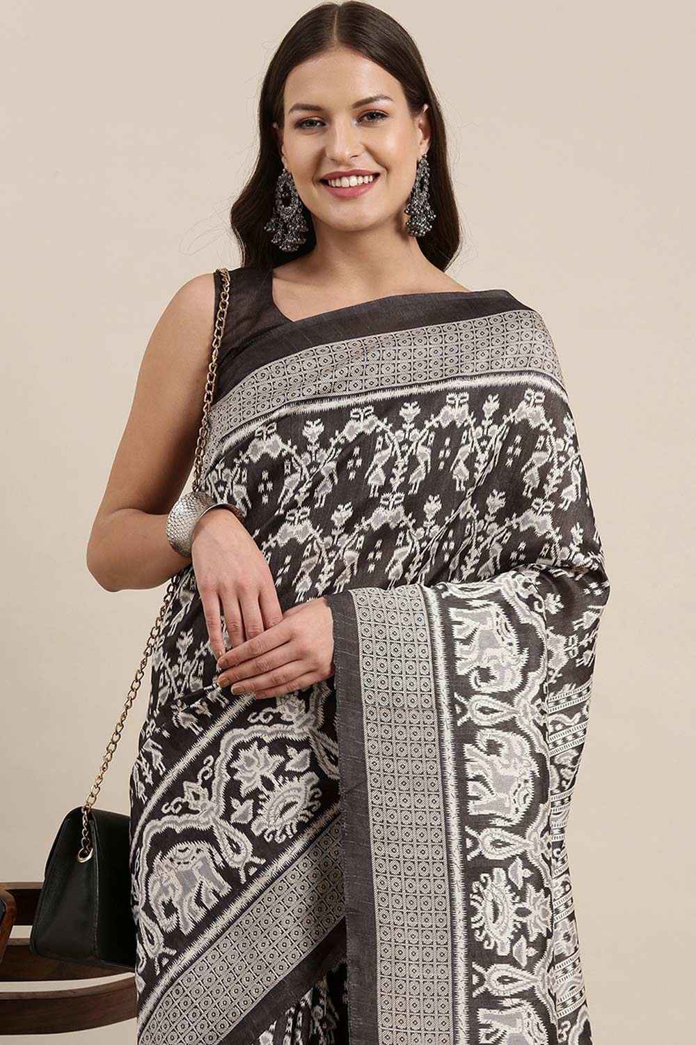 Buy Seema Bhagalpuri Silk Charcoal Grey Printed Celebrity One Minute Saree Online