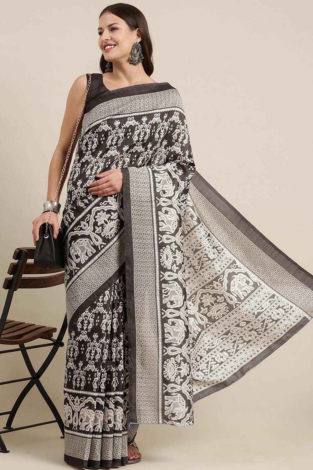 Buy Seema Bhagalpuri Silk Charcoal Grey Printed Celebrity One Minute Saree Online - One Minute Saree