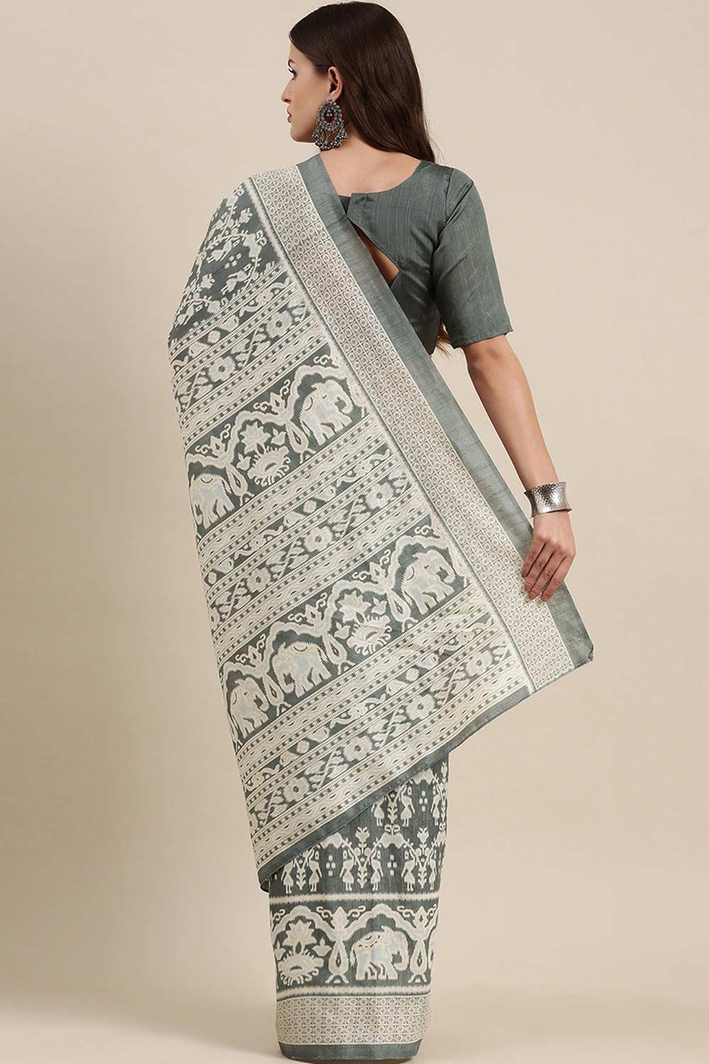Shop Hema Bhagalpuri Silk Grey Printed Celebrity One Minute Saree at best offer at our  Store - One Minute Saree