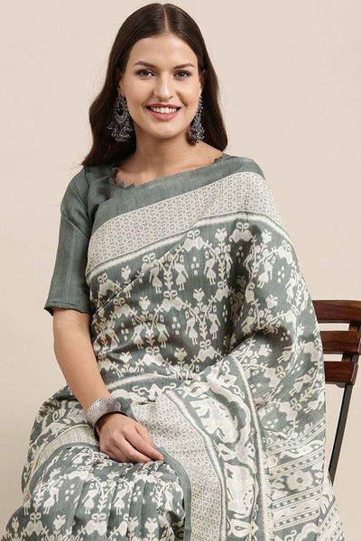 Buy Hema Bhagalpuri Silk Grey Printed Celebrity One Minute Saree Online