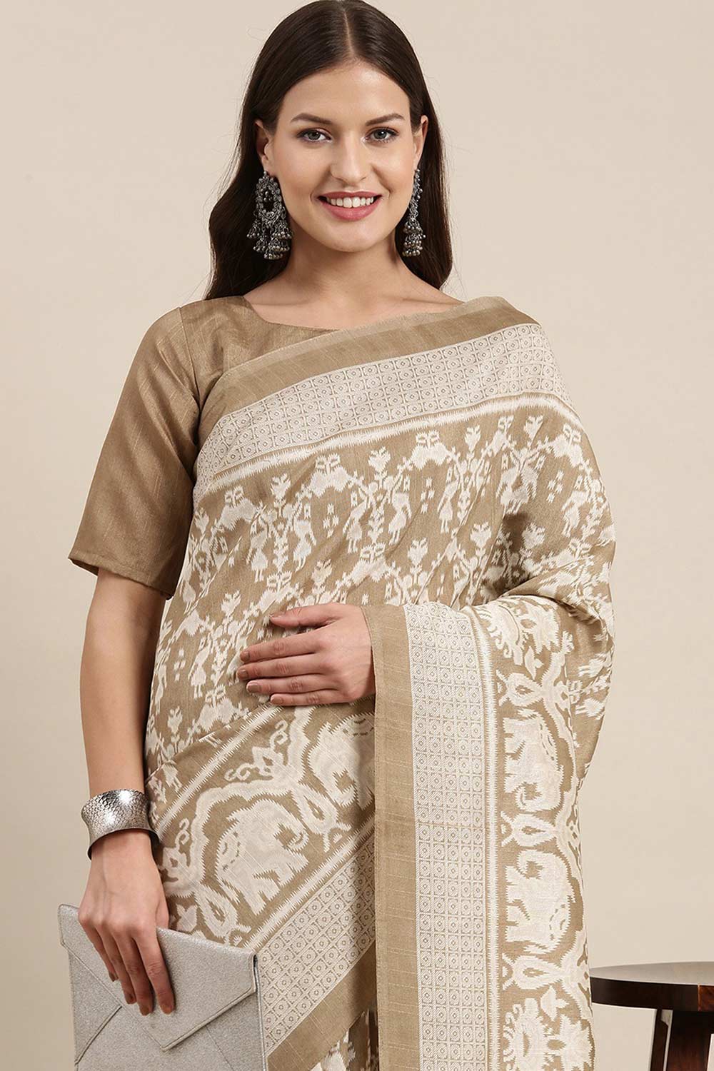 Buy Myra Bhagalpuri Silk Khaki Printed One Minute Saree Online