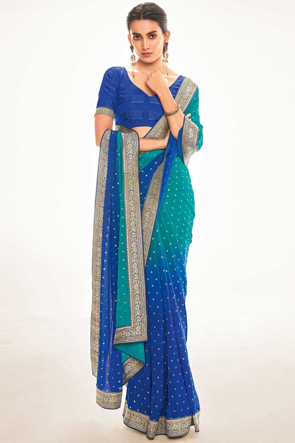 Buy Celia Silk Blend Teal Blue Printed One Minute Saree Online - One Minute Saree