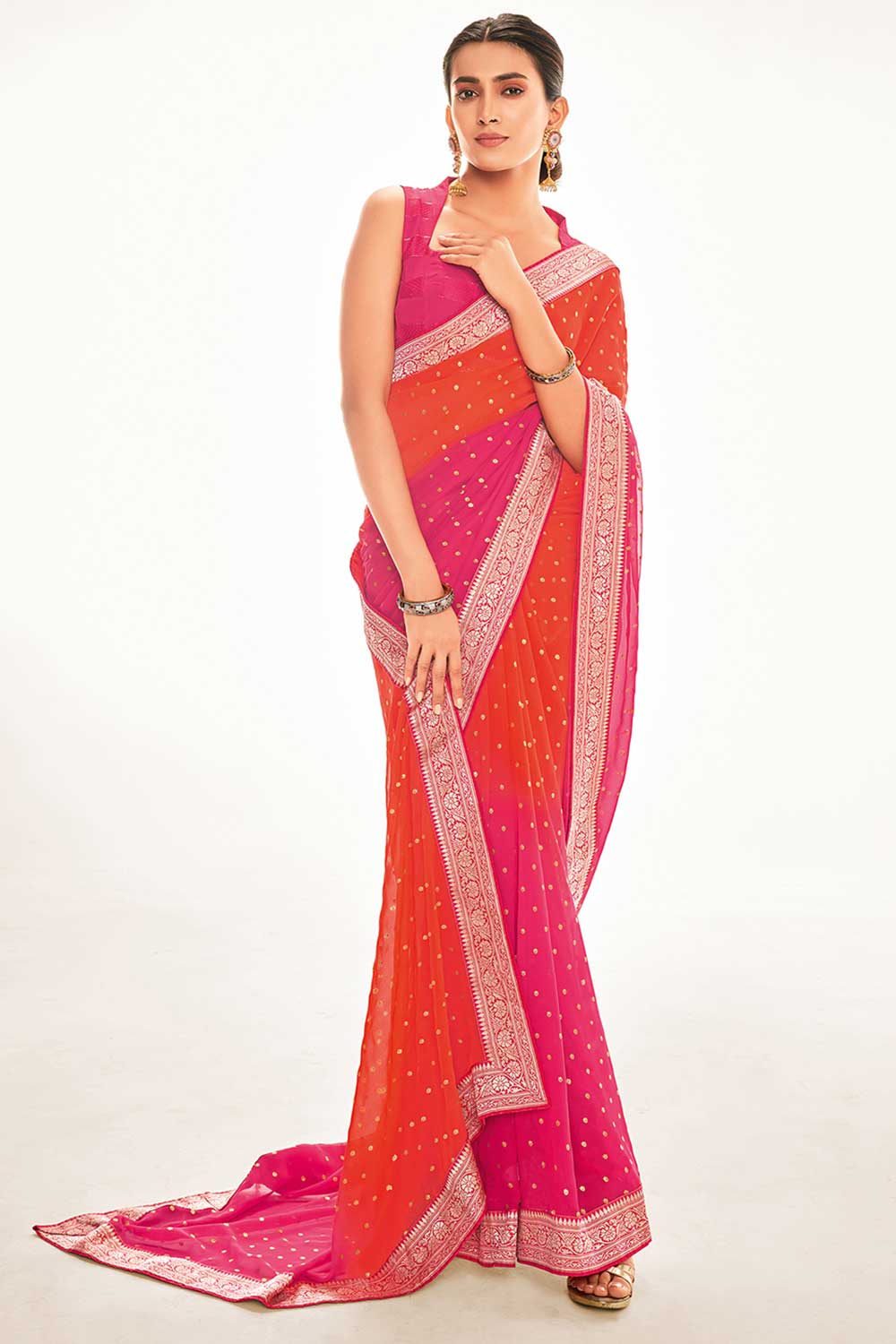 Buy Linda Silk Blend Orange Printed One Minute Saree Online - One Minute Saree