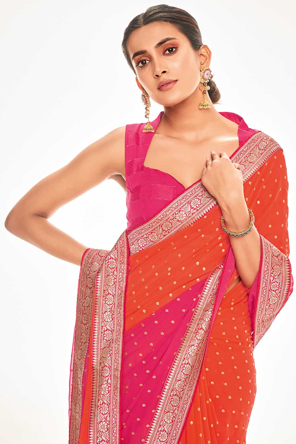 Shop Linda Silk Blend Orange Printed One Minute Saree at best offer at our  Store - One Minute Saree