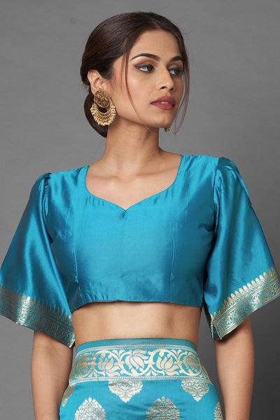 Buy Pia Sky Blue Woven Silk Blend One Minute Saree Online