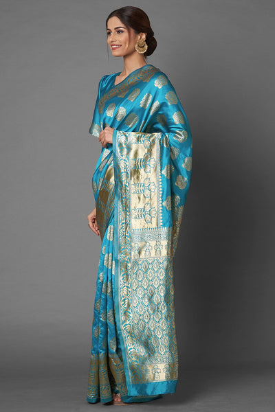 Buy Pia Sky Blue Woven Silk Blend One Minute Saree Online - Front