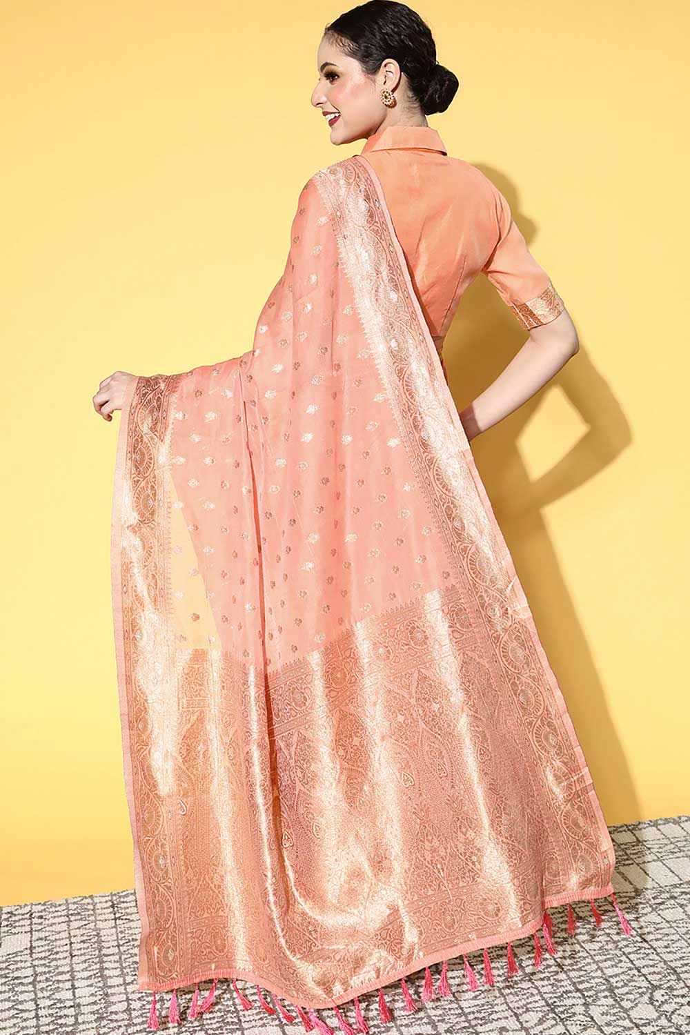 Shop Nora Peach Silk Blend Floral Woven Design One Minute Saree at best offer at our  Store - One Minute Saree