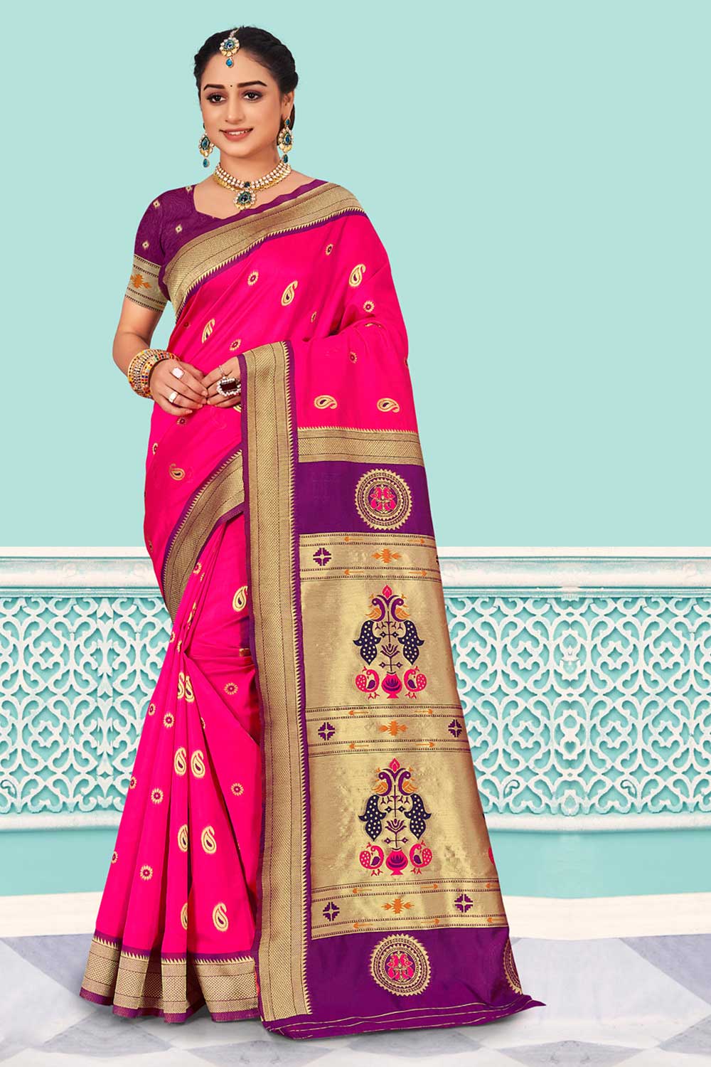 Buy Anjie Magenta Paithani Art Silk One Minute Saree Online - One Minute Saree