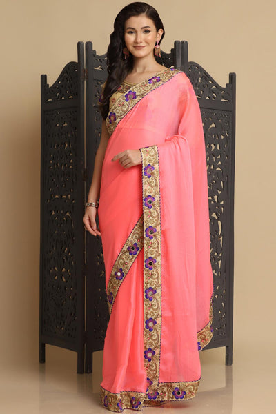 Buy Malini Baby Pink Resham Embroidery Chiffon One Minute Saree Online - One Minute Saree
