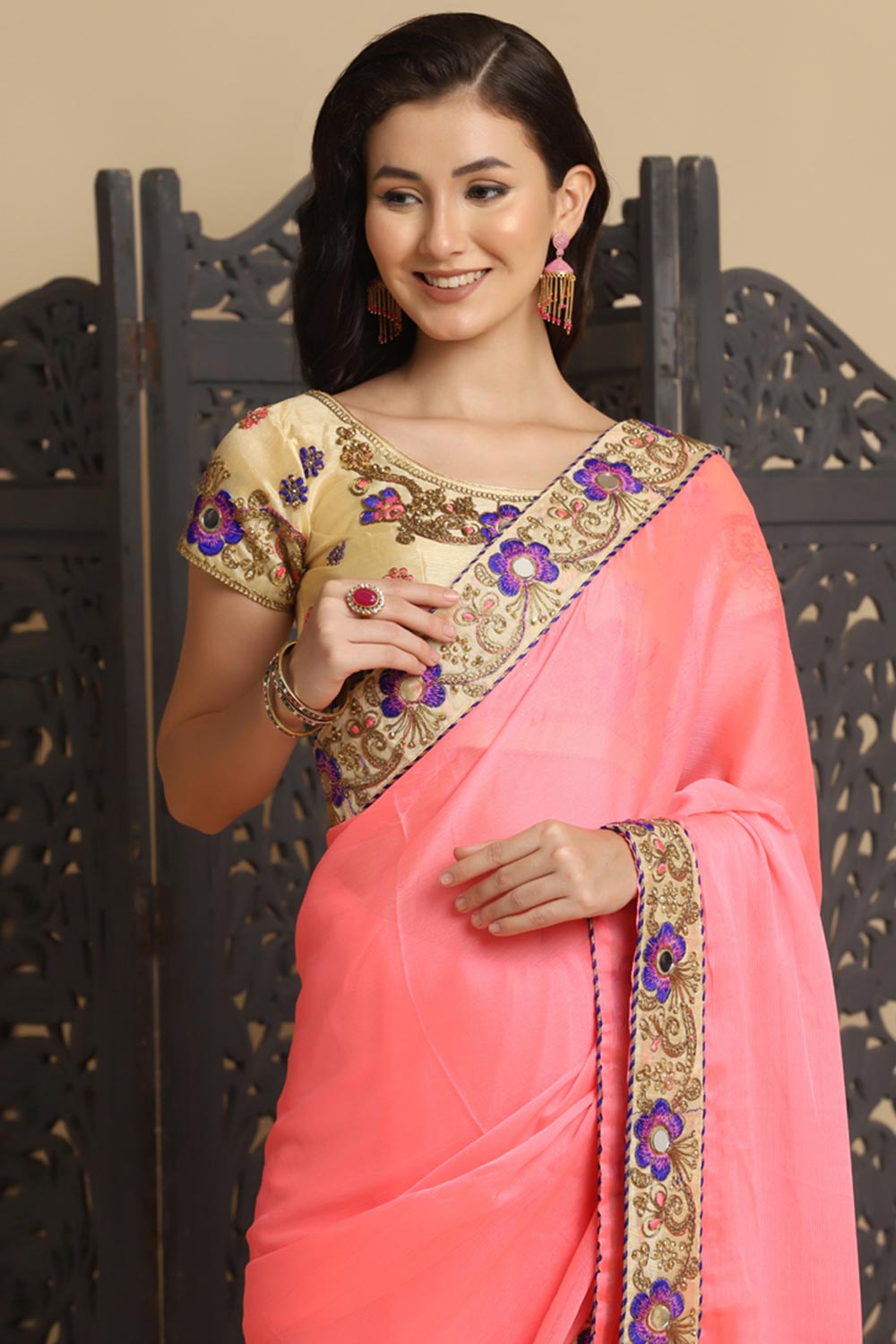 Shop Malini Baby Pink Resham Embroidery Chiffon One Minute Saree at best offer at our  Store - One Minute Saree