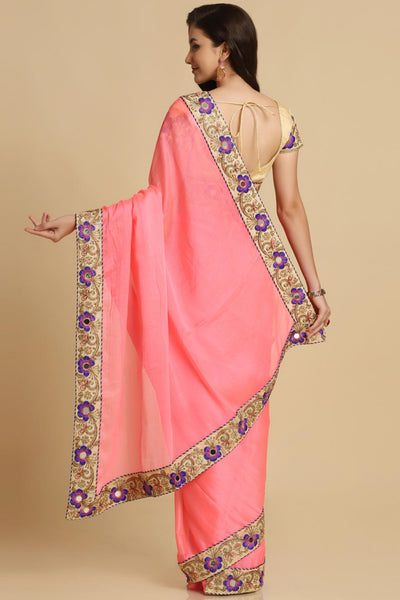 Buy Malini Baby Pink Resham Embroidery Chiffon One Minute Saree Online - Back