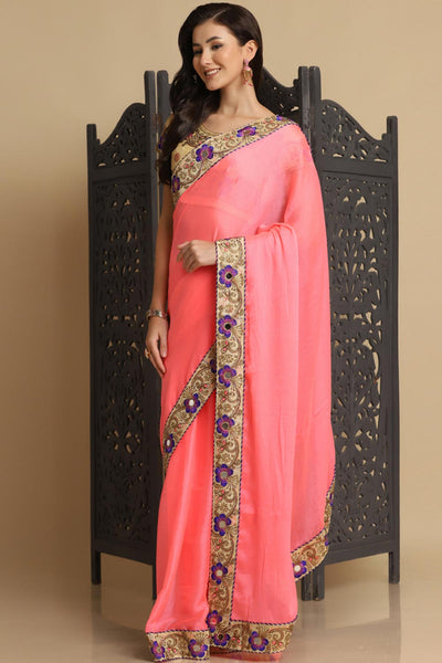Buy Malini Baby Pink Resham Embroidery Chiffon One Minute Saree Online - Front