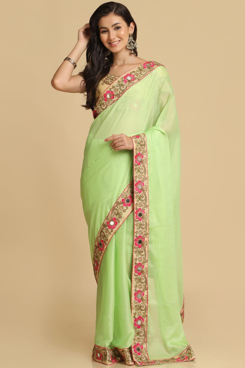 Buy Malini Lime Resham Embroidery Chiffon One Minute Saree Online - One Minute Saree