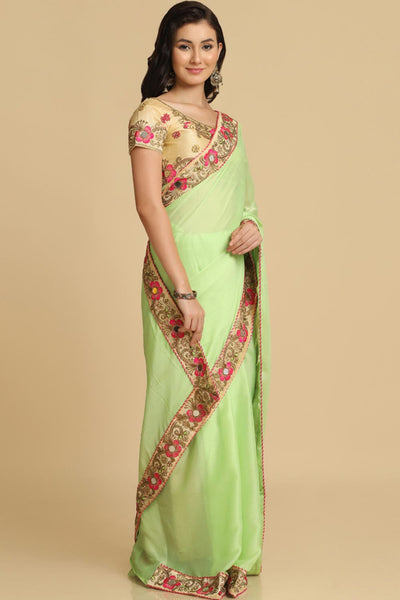 Shop Malini Lime Resham Embroidery Chiffon One Minute Saree at best offer at our  Store - One Minute Saree