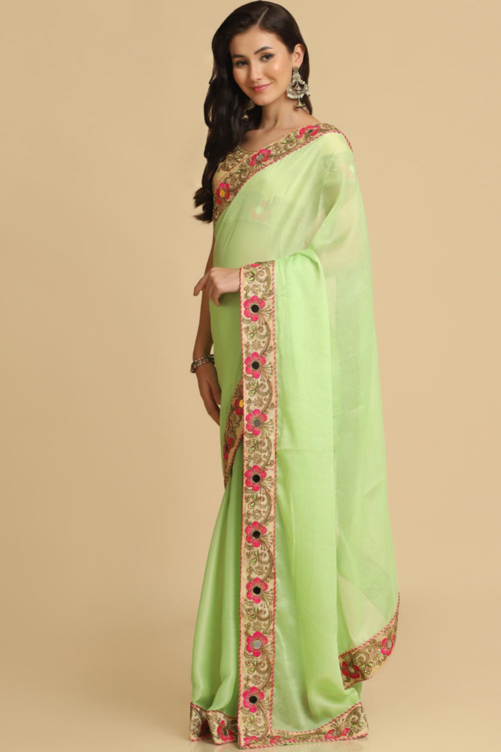 Buy Malini Lime Resham Embroidery Chiffon One Minute Saree Online - Front