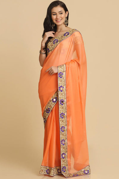 Buy Malini Light Orange Resham Embroidery Chiffon One Minute Saree Online - One Minute Saree