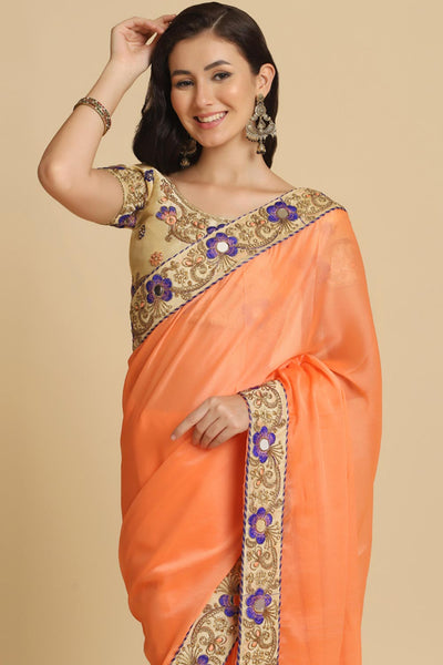 Shop Malini Light Orange Resham Embroidery Chiffon One Minute Saree at best offer at our  Store - One Minute Saree