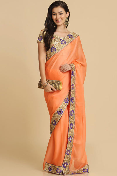 Buy Malini Light Orange Resham Embroidery Chiffon One Minute Saree Online