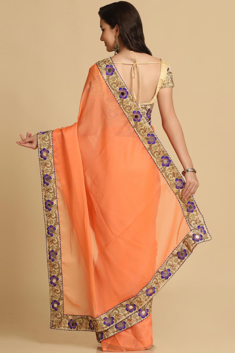 Buy Malini Light Orange Resham Embroidery Chiffon One Minute Saree Online - Front