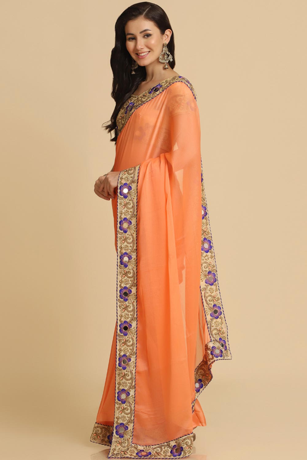 Buy Malini Light Orange Resham Embroidery Chiffon One Minute Saree Online - Side