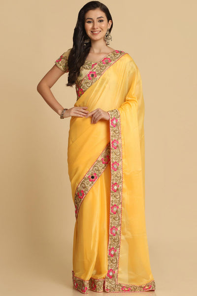 Buy Malini Light Yellow Resham Embroidery Chiffon One Minute Saree Online - One Minute Saree