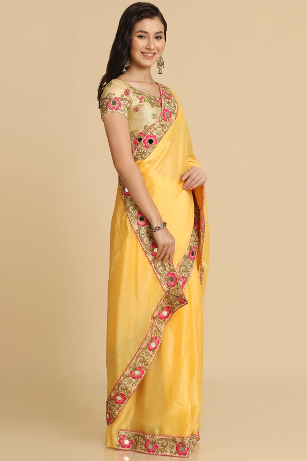 Shop Malini Light Yellow Resham Embroidery Chiffon One Minute Saree at best offer at our  Store - One Minute Saree