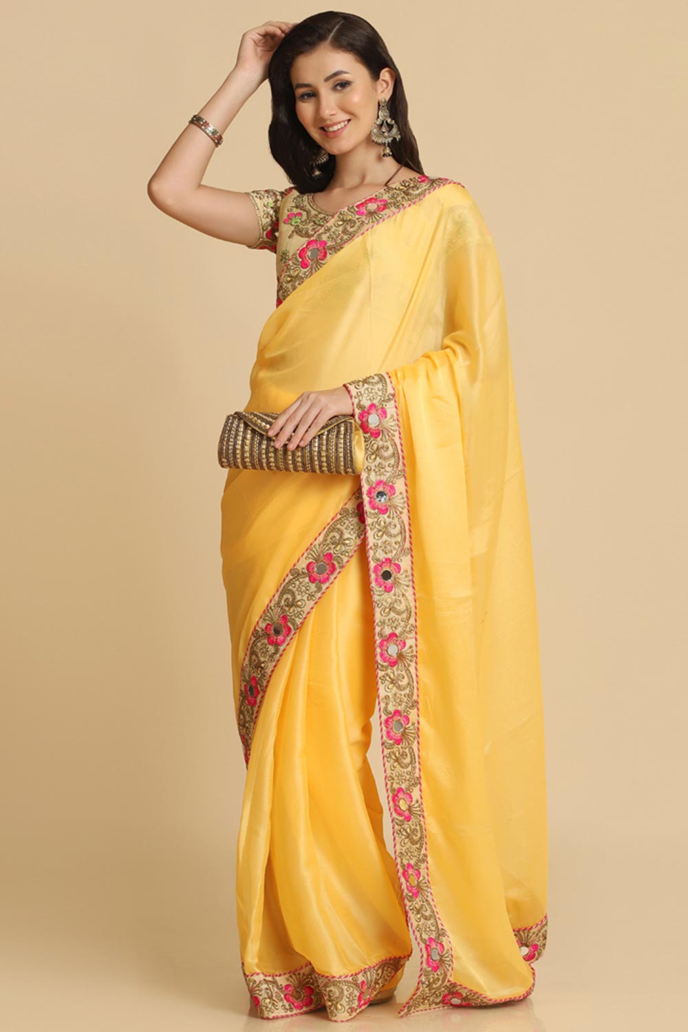 Buy Malini Light Yellow Resham Embroidery Chiffon One Minute Saree Online