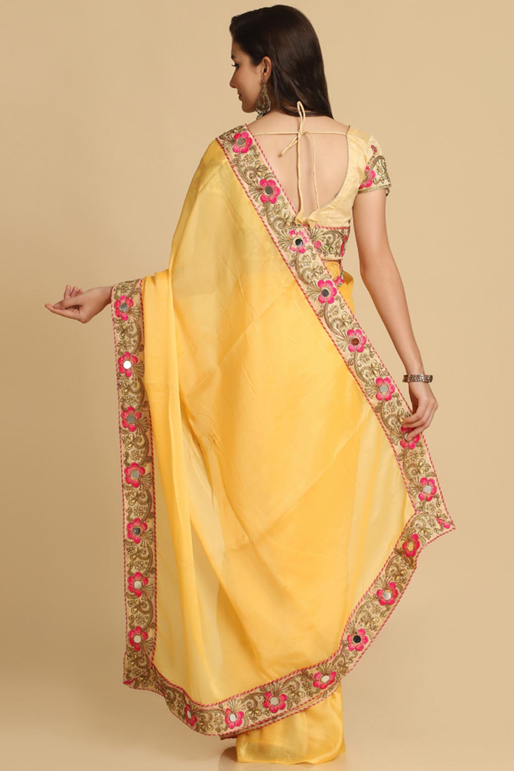 Buy Malini Light Yellow Resham Embroidery Chiffon One Minute Saree Online - Front