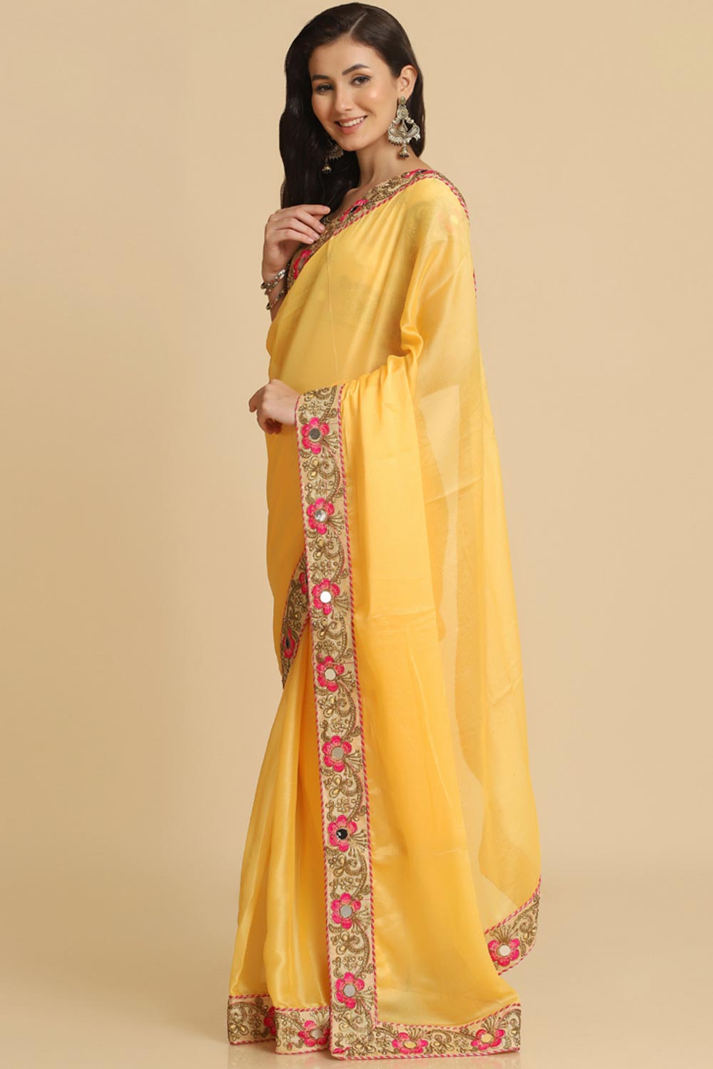 Buy Malini Light Yellow Resham Embroidery Chiffon One Minute Saree Online - Side